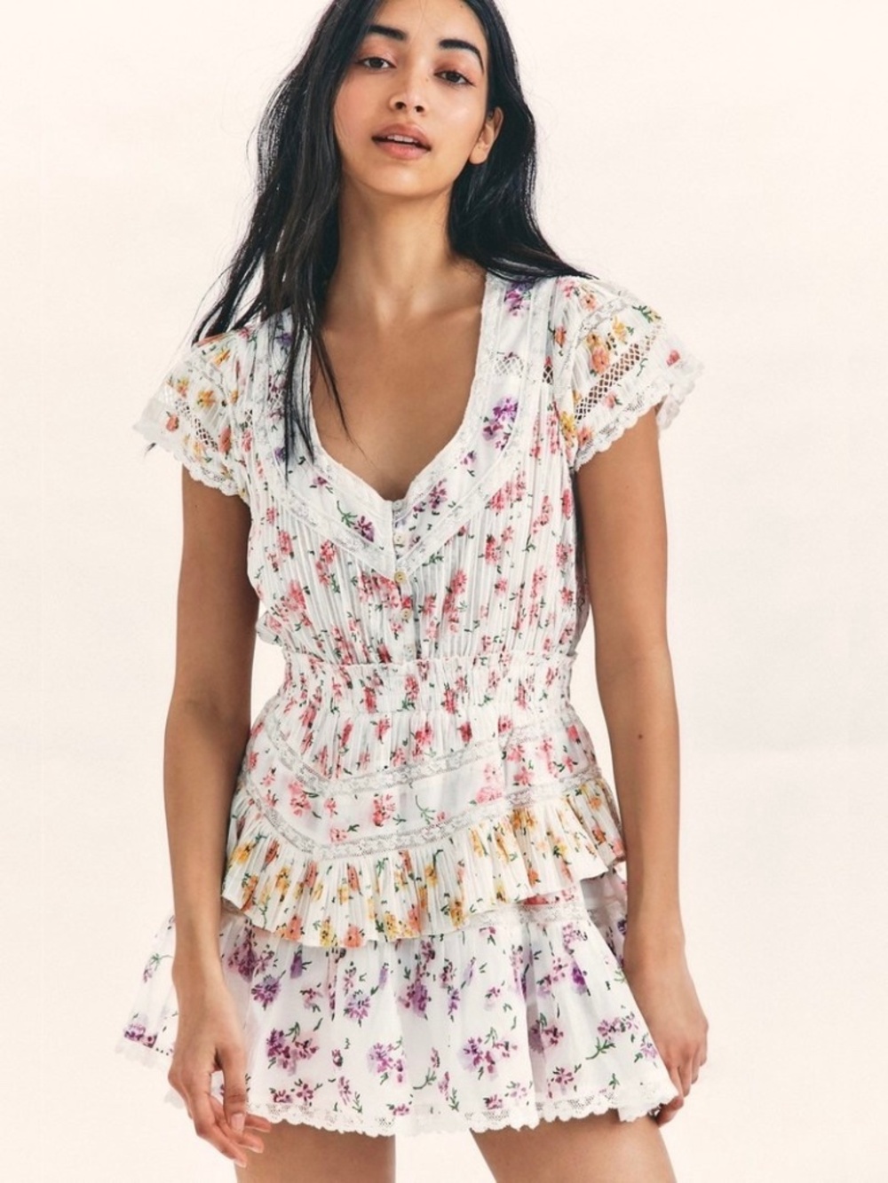 NWOT LOVESHACKFANCY Jeromie Dress white layered floral mini-size Large